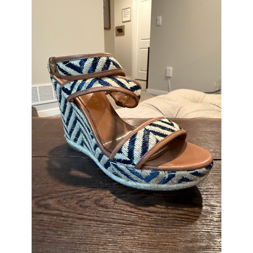 Ivanka Trump Womens Blue White Chevron Espadrille Wedge Sandals Brown 6.5